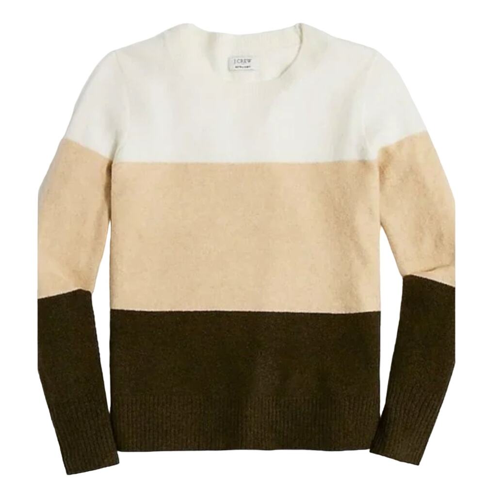 NWT J. Crew Ivory, Beige & Olive Green Colorblock Crewneck Soft Sweater